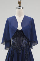 Load image into Gallery viewer, Sparkly Navy 2 Piece Corset A Line Beaded Long Beach Mother of the Bride Dress with Shawl