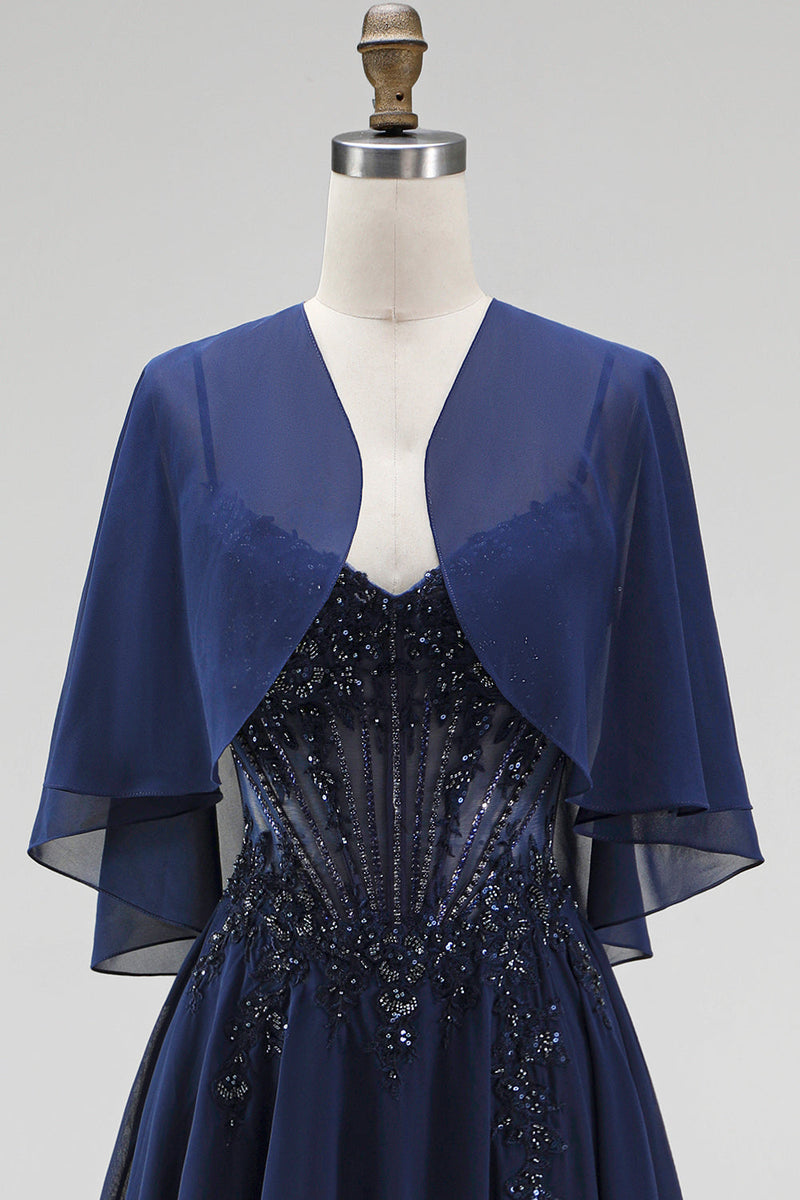 Load image into Gallery viewer, Sparkly Navy 2 Piece Corset A Line Beaded Long Beach Mother of the Bride Dress with Shawl