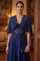 Load image into Gallery viewer, Sparkly Navy 2 Piece Corset A Line Beaded Long Beach Mother of the Bride Dress with Shawl