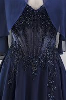 Load image into Gallery viewer, Sparkly Navy 2 Piece Corset A Line Beaded Long Beach Mother of the Bride Dress with Shawl