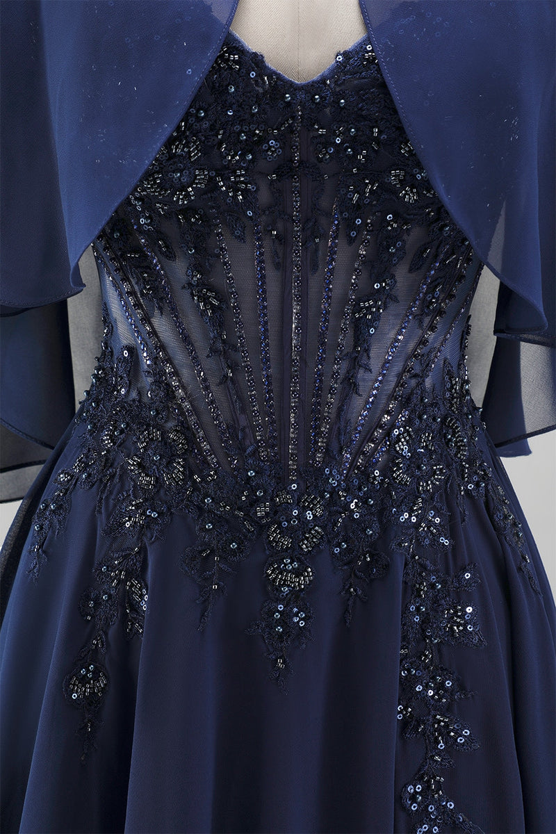 Load image into Gallery viewer, Sparkly Navy 2 Piece Corset A Line Beaded Long Beach Mother of the Bride Dress with Shawl