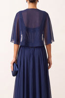 Load image into Gallery viewer, Sparkly Navy 2 Piece Corset A Line Beaded Long Beach Mother of the Bride Dress with Shawl