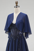 Load image into Gallery viewer, Sparkly Navy 2 Piece Corset A Line Beaded Long Beach Mother of the Bride Dress with Shawl
