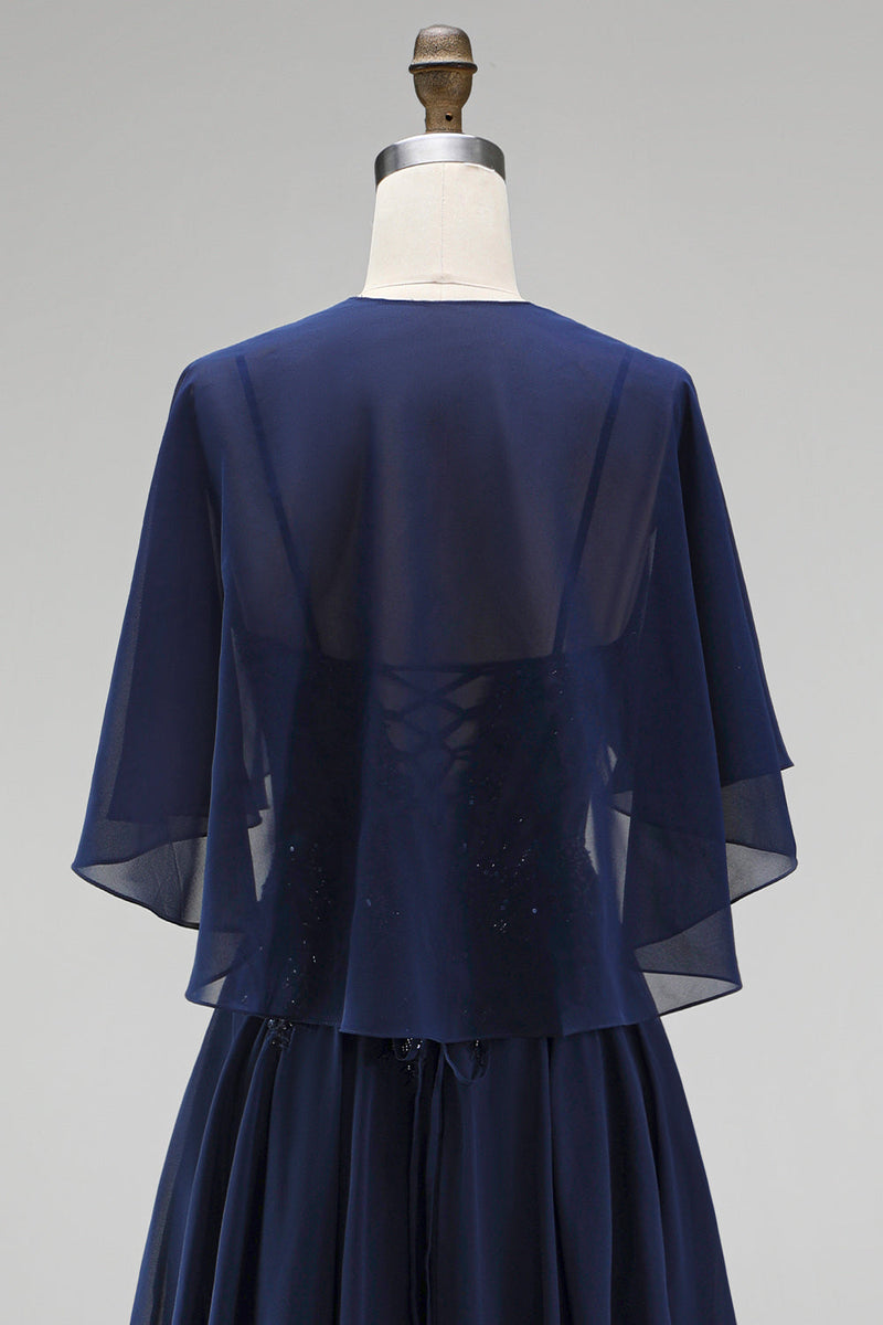 Load image into Gallery viewer, Sparkly Navy 2 Piece Corset A Line Beaded Long Beach Mother of the Bride Dress with Shawl