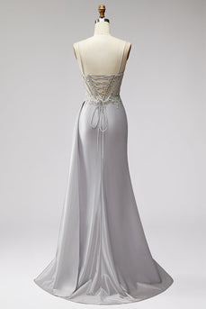 Sparkly Light Grey Corset Spaghetti Straps Mermaid Beaded Long Prom Dress with Side Cape