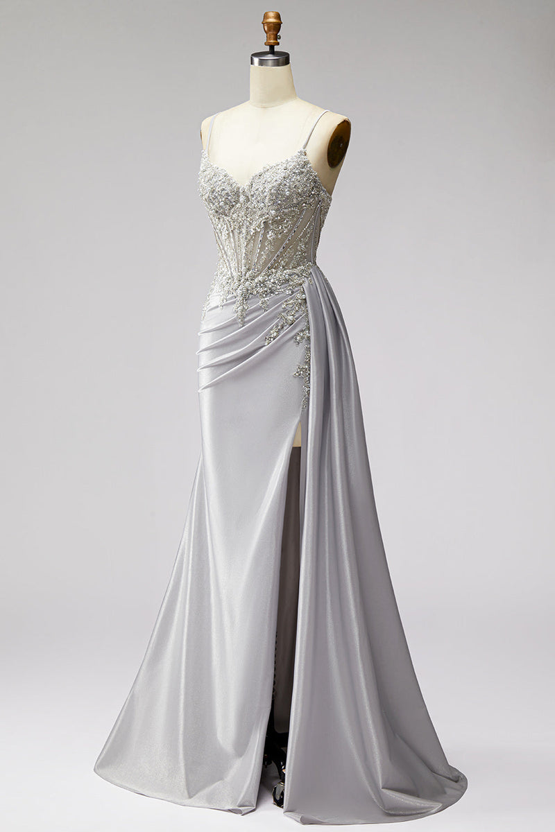 Load image into Gallery viewer, Sparkly Light Grey Corset Spaghetti Straps Mermaid Beaded Long Prom Dress with Side Cape