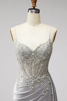 Load image into Gallery viewer, Sparkly Light Grey Corset Spaghetti Straps Mermaid Beaded Long Prom Dress with Side Cape