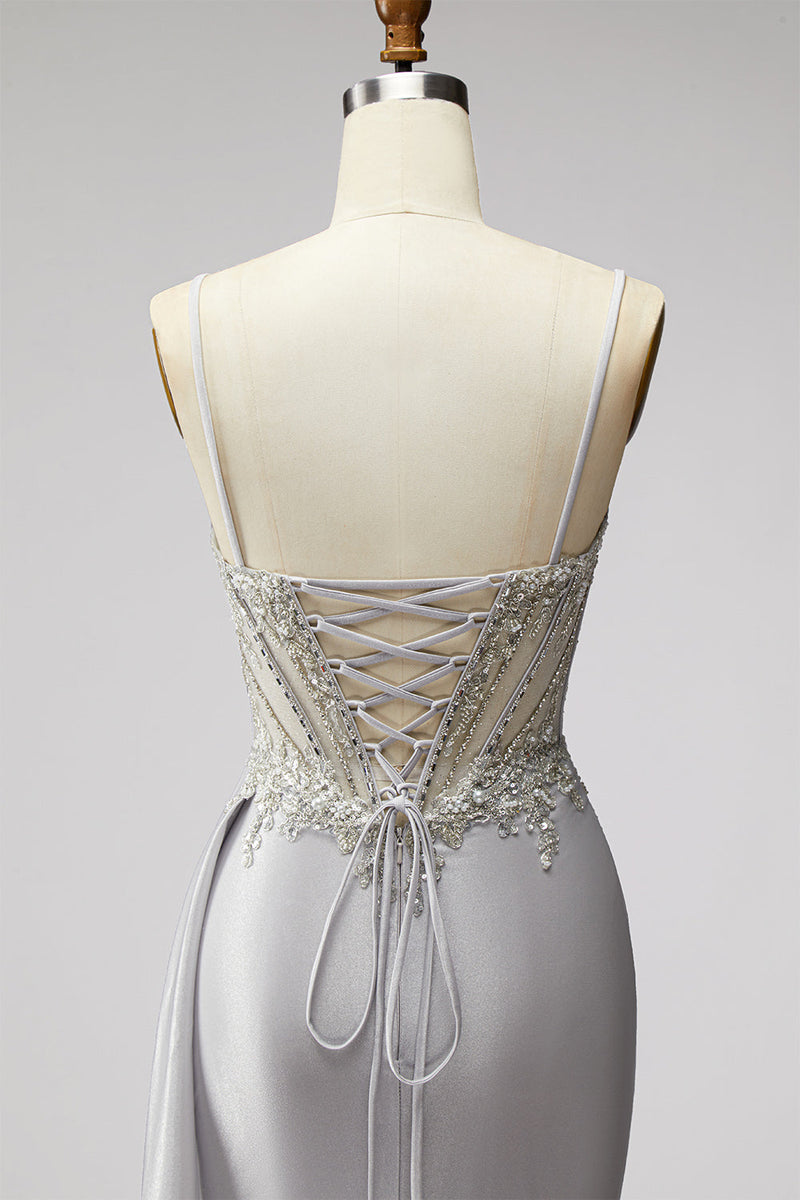 Load image into Gallery viewer, Sparkly Light Grey Corset Spaghetti Straps Mermaid Beaded Long Prom Dress with Side Cape