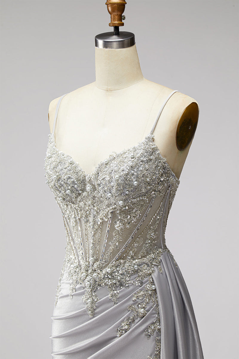 Load image into Gallery viewer, Sparkly Light Grey Corset Spaghetti Straps Mermaid Beaded Long Prom Dress with Side Cape