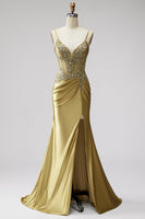 Load image into Gallery viewer, Sparkly Golden Mermaid Satin Corset Beaded Long Prom Dress with Slit