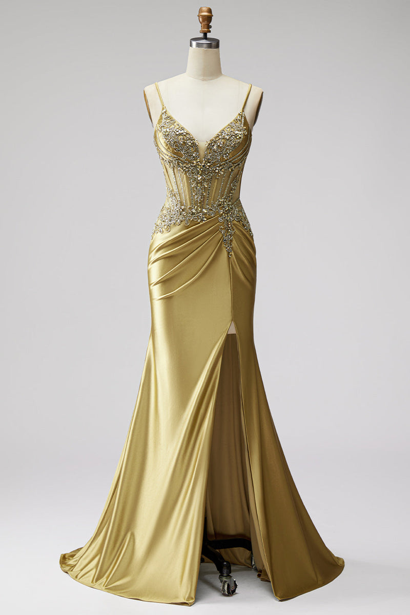 Load image into Gallery viewer, Sparkly Golden Mermaid Satin Corset Beaded Long Prom Dress with Slit