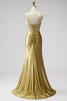 Load image into Gallery viewer, Sparkly Golden Mermaid Satin Corset Beaded Long Prom Dress with Slit