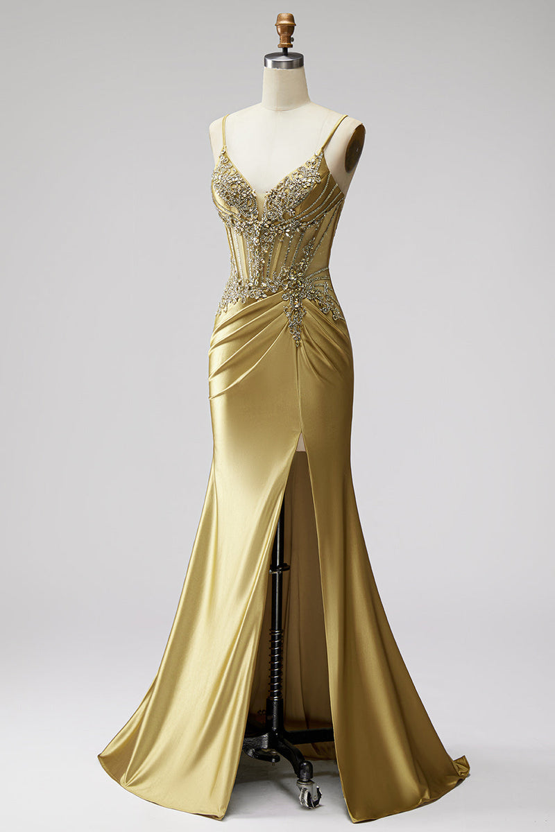 Load image into Gallery viewer, Sparkly Golden Mermaid Satin Corset Beaded Long Prom Dress with Slit