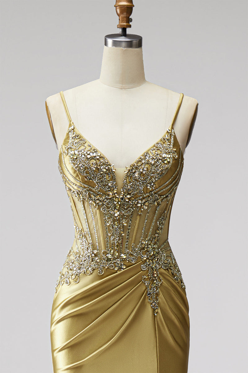 Load image into Gallery viewer, Sparkly Golden Mermaid Satin Corset Beaded Long Prom Dress with Slit