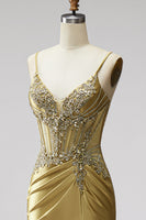Load image into Gallery viewer, Sparkly Golden Mermaid Satin Corset Beaded Long Prom Dress with Slit