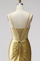 Load image into Gallery viewer, Sparkly Golden Mermaid Satin Corset Beaded Long Prom Dress with Slit