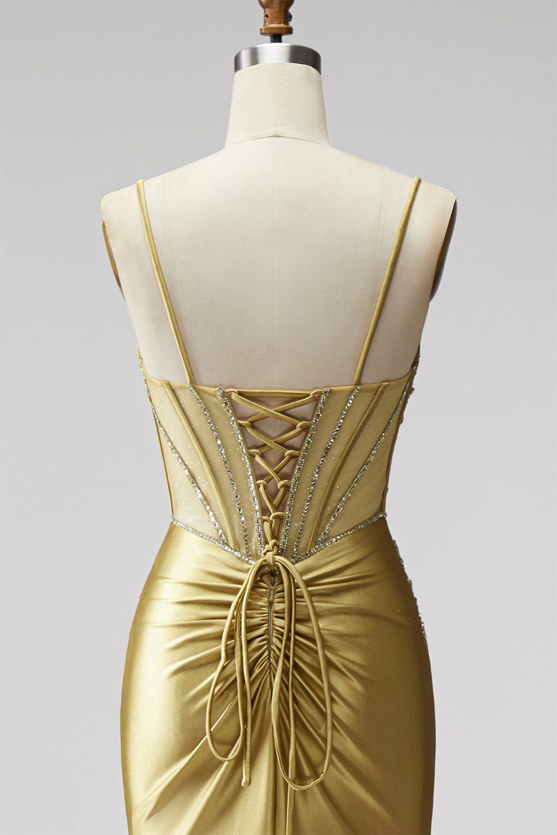 Load image into Gallery viewer, Sparkly Golden Mermaid Satin Corset Beaded Long Prom Dress with Slit