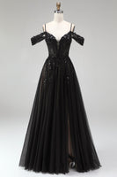 Load image into Gallery viewer, Sparkly Black Sequins A Line Cold Shoulder Corset Long Prom Dress with Slit