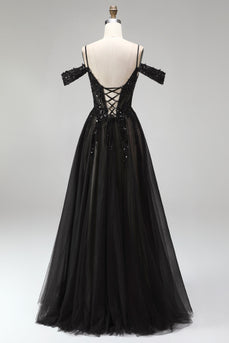 Sparkly Black Sequins A Line Cold Shoulder Corset Long Prom Dress with Slit