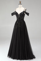 Load image into Gallery viewer, Sparkly Black Sequins A Line Cold Shoulder Corset Long Prom Dress with Slit