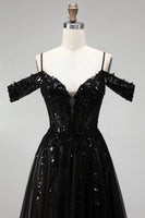 Load image into Gallery viewer, Sparkly Black Sequins A Line Cold Shoulder Corset Long Prom Dress with Slit