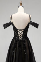 Load image into Gallery viewer, Sparkly Black Sequins A Line Cold Shoulder Corset Long Prom Dress with Slit