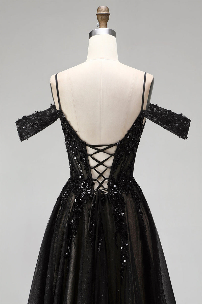 Load image into Gallery viewer, Sparkly Black Sequins A Line Cold Shoulder Corset Long Prom Dress with Slit