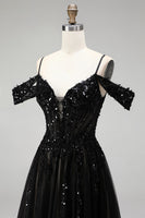 Load image into Gallery viewer, Sparkly Black Sequins A Line Cold Shoulder Corset Long Prom Dress with Slit