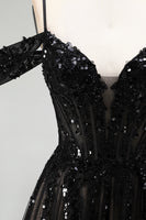 Load image into Gallery viewer, Sparkly Black Sequins A Line Cold Shoulder Corset Long Prom Dress with Slit
