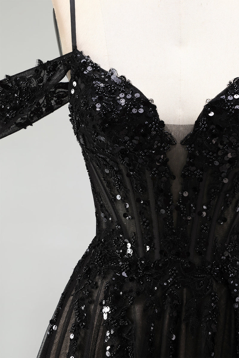 Load image into Gallery viewer, Sparkly Black Sequins A Line Cold Shoulder Corset Long Prom Dress with Slit