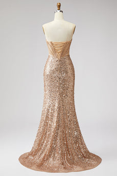 Sparkly Golden Sequin Mermaid Corset Sweetheart Long Prom Dress with Slit