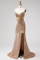 Load image into Gallery viewer, Sparkly Golden Sequin Mermaid Corset Sweetheart Long Prom Dress with Slit