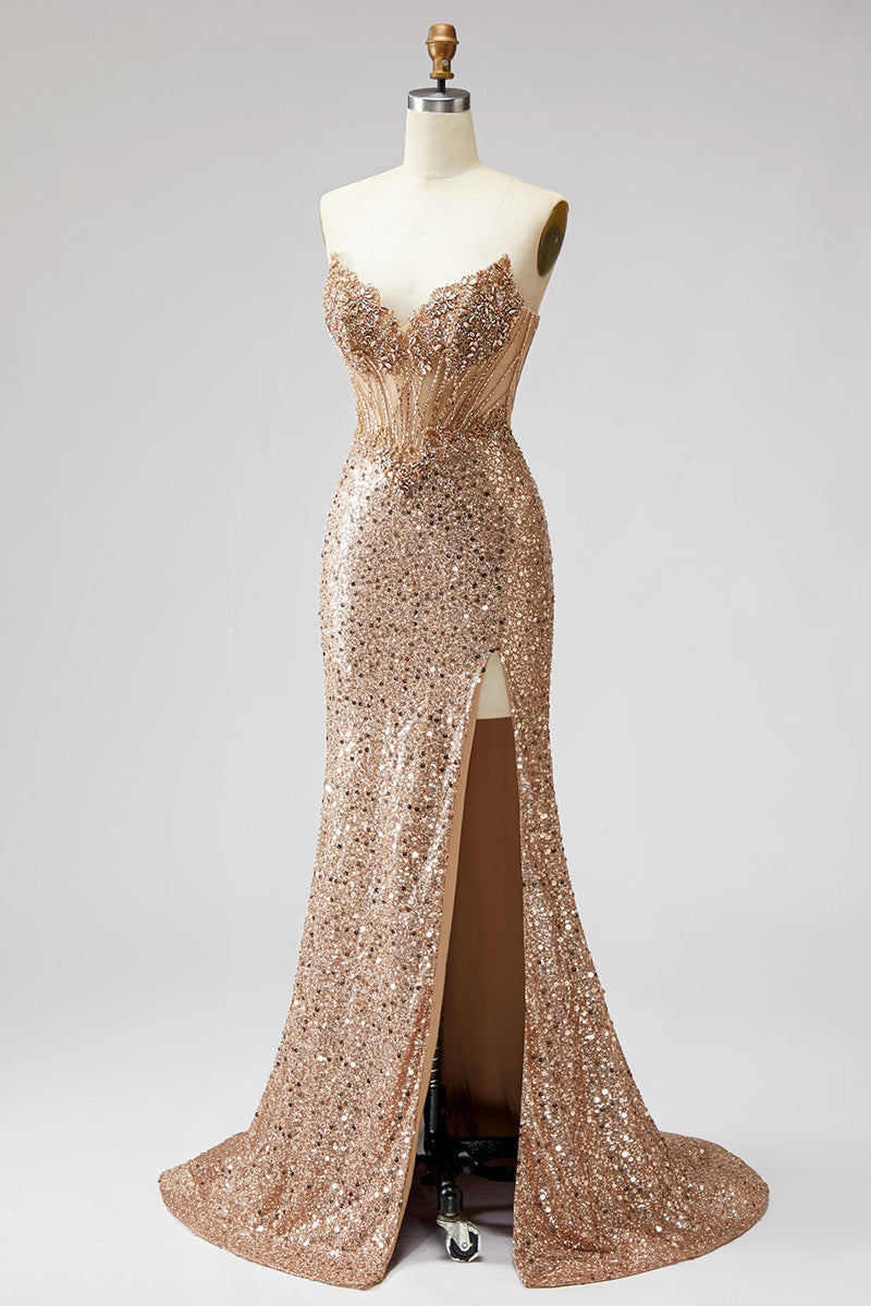 Load image into Gallery viewer, Sparkly Golden Sequin Mermaid Corset Sweetheart Long Prom Dress with Slit