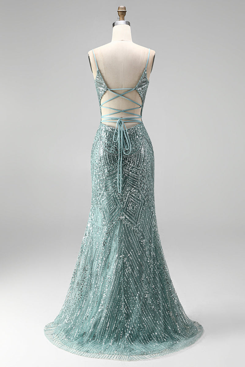 Load image into Gallery viewer, Sparkly Dusty Green Beaded Mermaid Sequins Long Prom Dress with Slit