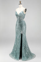 Load image into Gallery viewer, Sparkly Dusty Green Beaded Mermaid Sequins Long Prom Dress with Slit