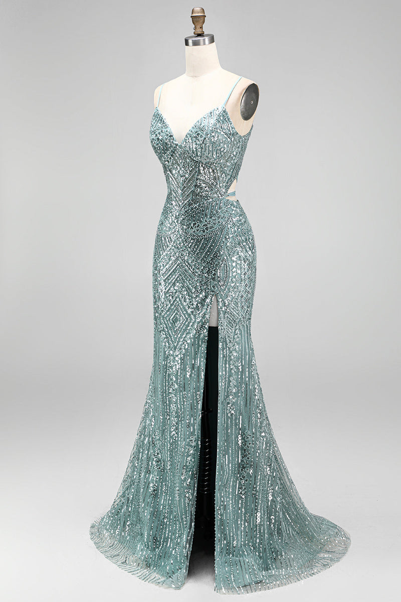 Load image into Gallery viewer, Sparkly Dusty Green Beaded Mermaid Sequins Long Prom Dress with Slit