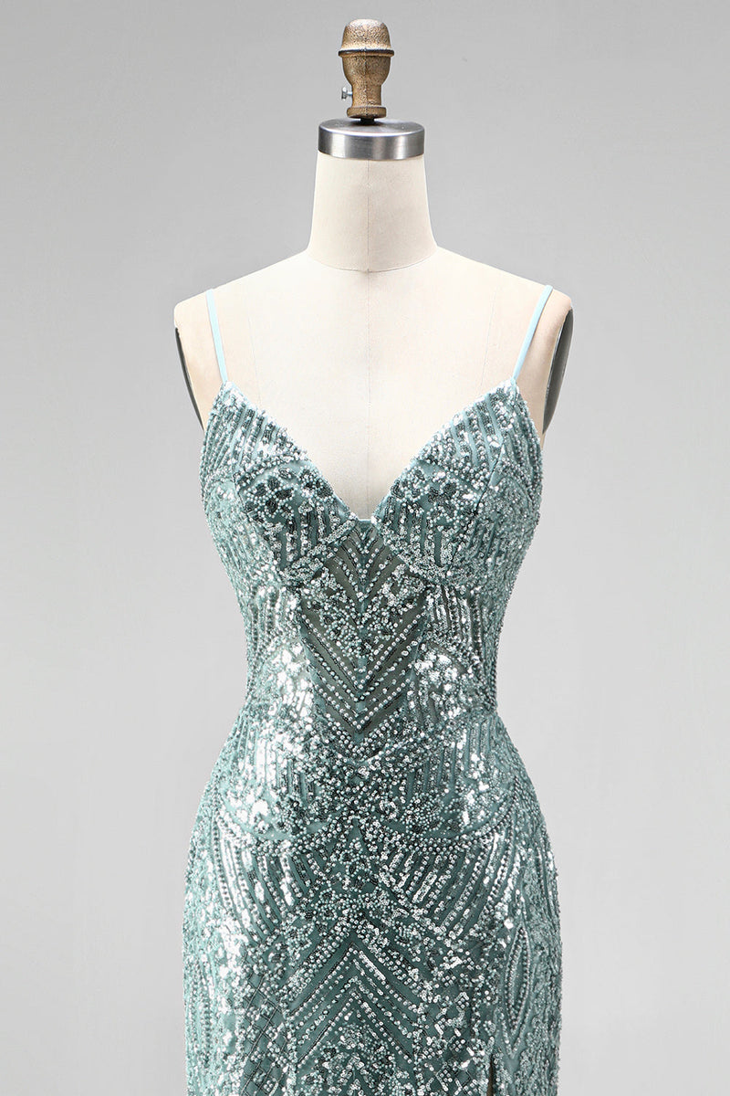Load image into Gallery viewer, Sparkly Dusty Green Beaded Mermaid Sequins Long Prom Dress with Slit