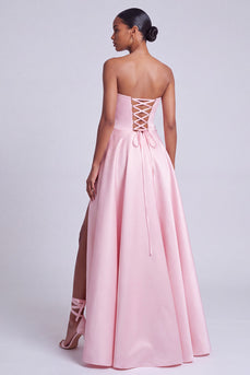 Floral Pink A Line Sweetheart Satin Long Prom Dress with Slit
