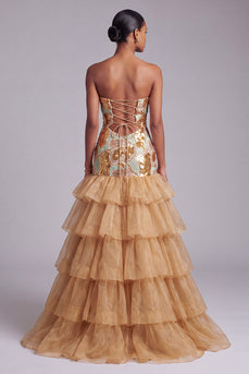 Sparkly Gold Ruffled Sweetheart Cut Out Tiered Long Prom Dress with Sequins