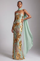 Load image into Gallery viewer, Sparkly Gold Strapless Sheath Long Sequin Prom Dress with Neck Scarf