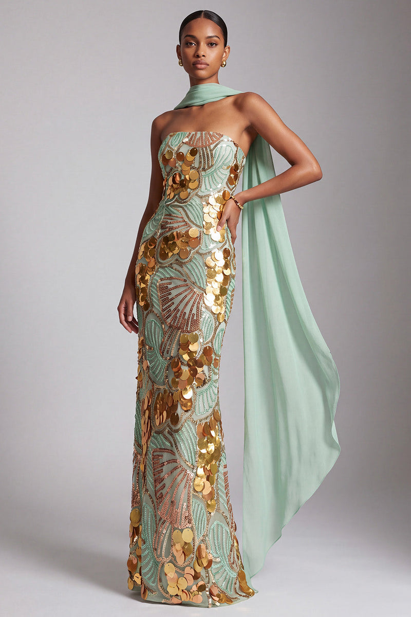Load image into Gallery viewer, Sparkly Gold Strapless Sheath Long Sequin Prom Dress with Neck Scarf