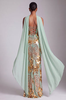Sparkly Gold Strapless Sheath Long Sequin Prom Dress with Neck Scarf