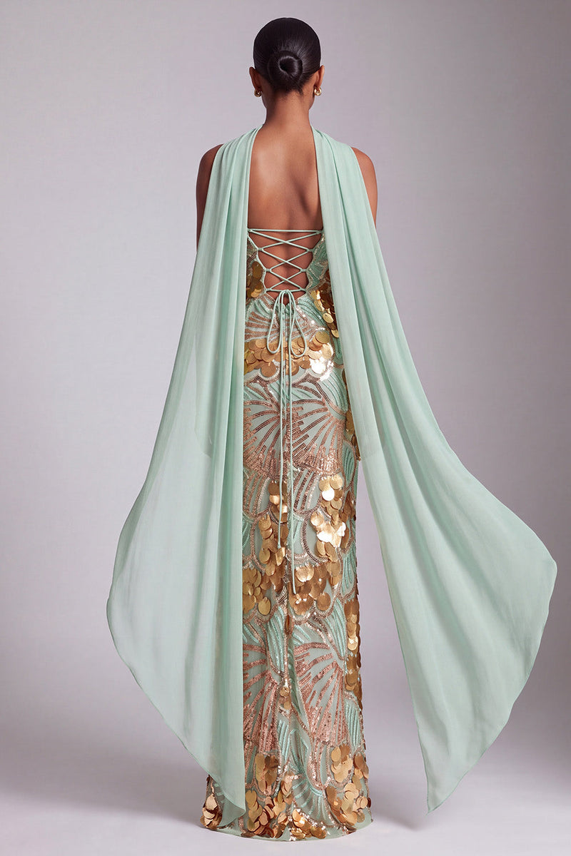 Load image into Gallery viewer, Sparkly Gold Strapless Sheath Long Sequin Prom Dress with Neck Scarf