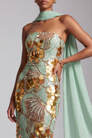 Load image into Gallery viewer, Sparkly Gold Strapless Sheath Long Sequin Prom Dress with Neck Scarf