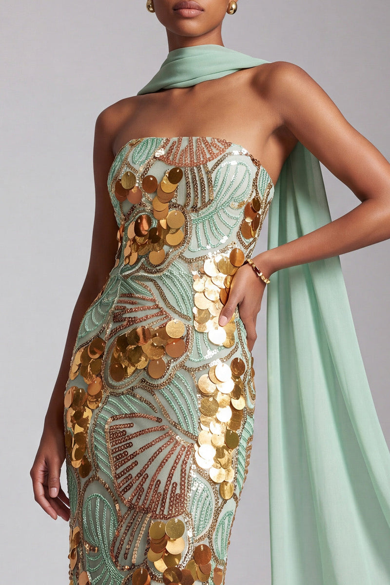 Load image into Gallery viewer, Sparkly Gold Strapless Sheath Long Sequin Prom Dress with Neck Scarf