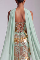 Load image into Gallery viewer, Sparkly Gold Strapless Sheath Long Sequin Prom Dress with Neck Scarf