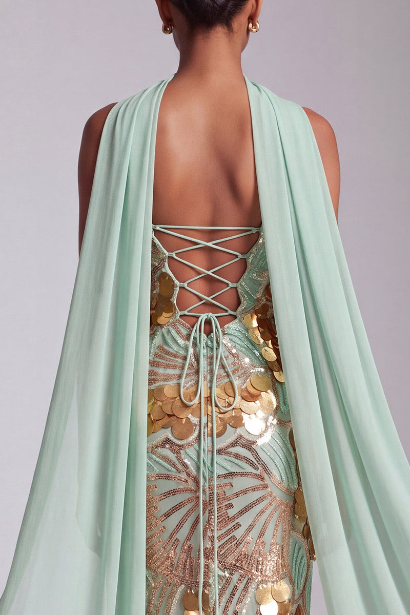 Load image into Gallery viewer, Sparkly Gold Strapless Sheath Long Sequin Prom Dress with Neck Scarf