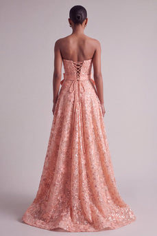 Peach Sparkly Sequin A-Line Floral Strapless Long Prom Dress with Bow