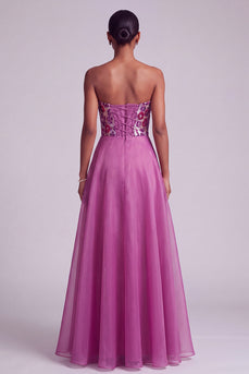 Sparkly Fuchsia Floral Strapless A-Line Long Prom Dress with Sequins