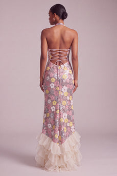 Sparkly Pink Ruffled Sequin Halter Floral Tiered Long Prom Dress with Slit